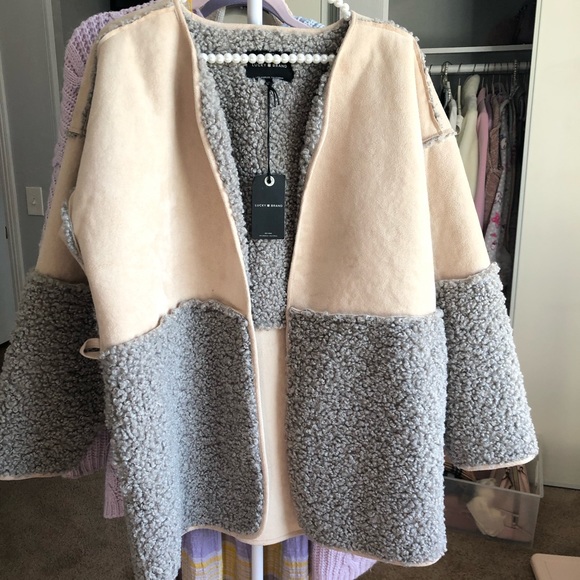 Lucky Brand Nude and Gray Suede Sherpa Jacket - Picture 4 of 8